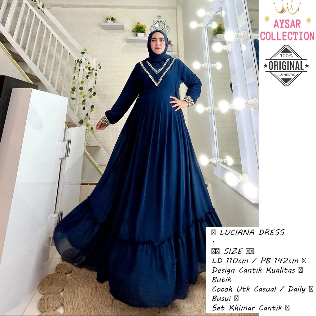 Luciana Dress Gamis pesta ceruty babydoll full furing kombinasi renda gold terbaru