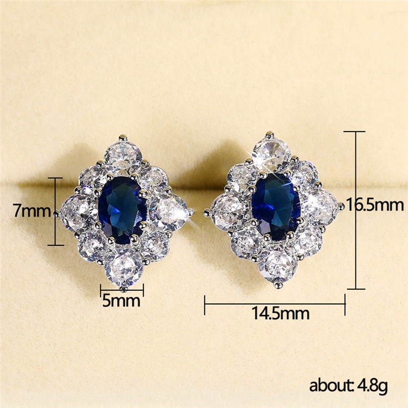 Anting Stud Cubic Zirconia Bentuk Oval Warna Biru Untuk Wanita