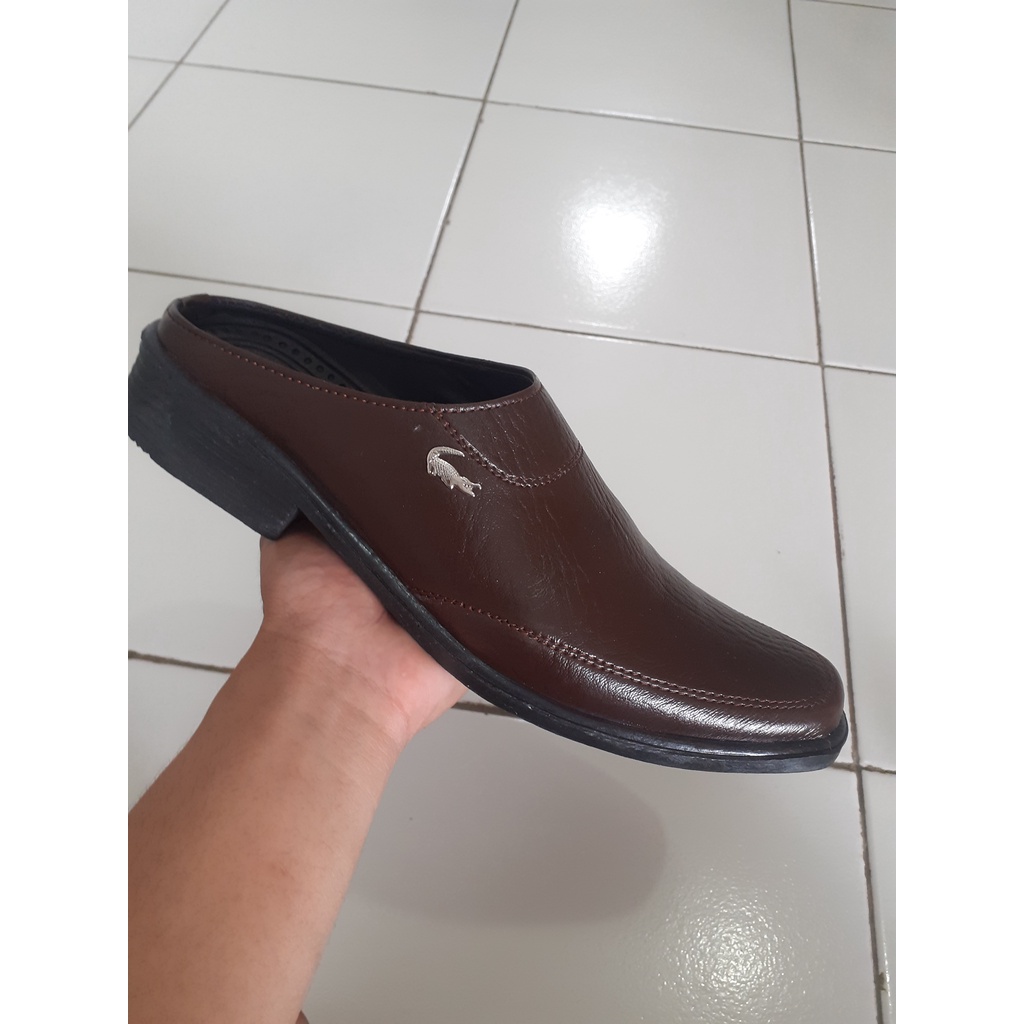 Sepatu Slop Pria kulit asli Sendal Bustong laki laki coklat tua sol karet tidak licin