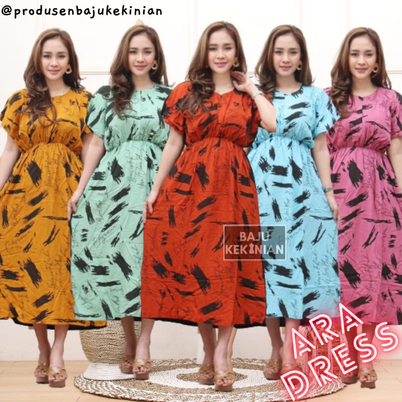 ARA Dress Daster Kekinian Kerut Sabrina  Manohara Serut Dada Lengan Pundak Terbaru Motif Polos Jumbo