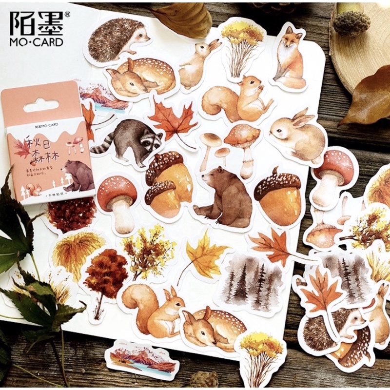 (45 PCS) STICKER AESTHETIC CUTE BOX STIKER LUCU MURAH BINATANG ORANG BUNGA SCRAPBOOK STIKER HP-Forest Orange