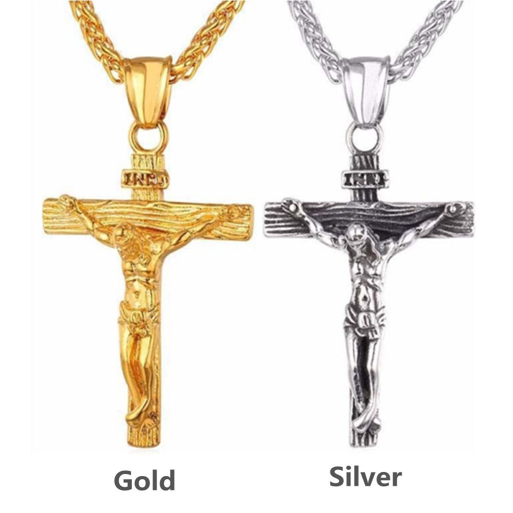 Kalung Liontin Salib Yesus Kristen Bahan Stainless Steel 316L Warna Emas Untuk Pria Dan Wanita