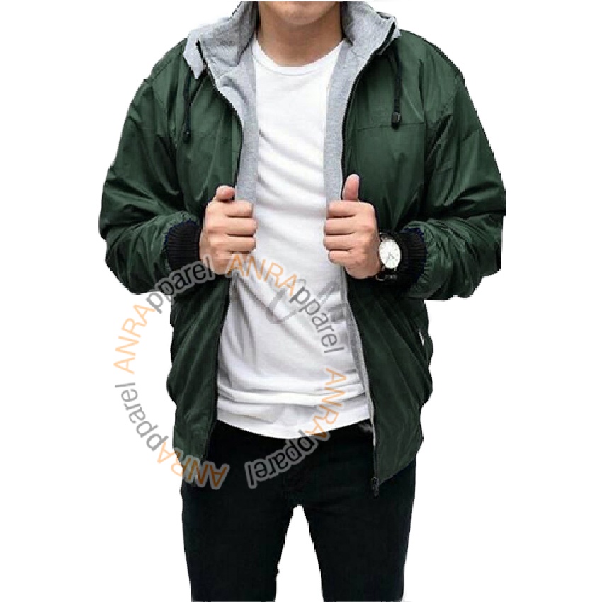 JAKET BOLAK BALIK 2in1 Bomber Parasut Fleece Hoodie Pria