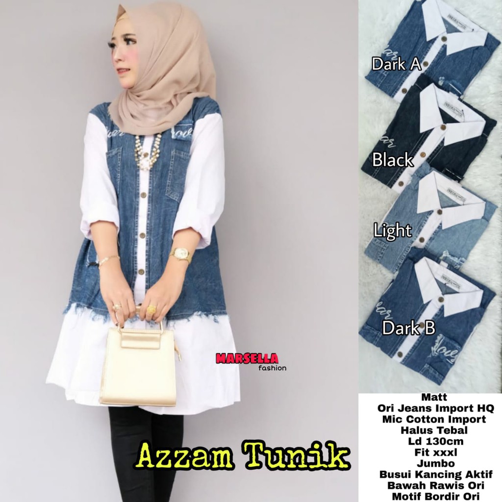 AZZAM TUNIK, TUNIK CANTIK ORIGINAL MARSELLA, BAHAN JEANS MIX COTTON, BUSUI, BAWAH RAWIS