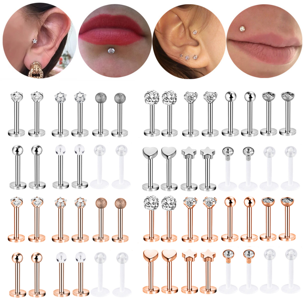 12 / 16pcs / Set Anting Tindik Labret Kristal 16g Bahan Stainless Steel Untuk Telinga Bibir Monroe