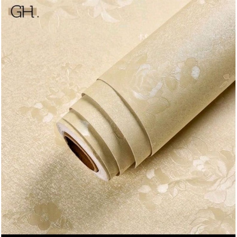 Wallpaper Sticker Dinding Krem Polos Bertekstur Bunga Mewah Elegan Premium Ruang Tamu Dan Kamar Tidu