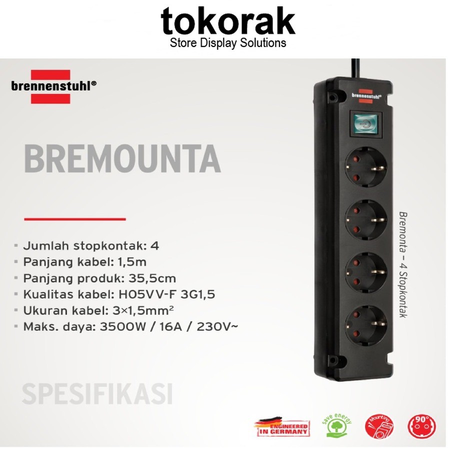 BRENNENSTUHL STOP KONTAK BREMOUNTA 4 LUBANG 1,5M HITAM - KABEL SWITCH