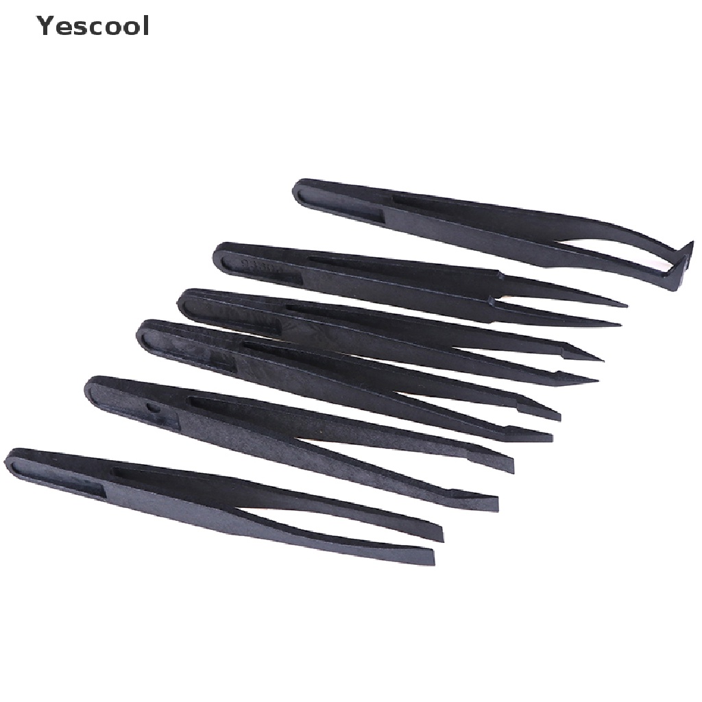 Yescool 6Pcs Pinset Plastik Hitam anti Statis Tahan Panas Untuk craft