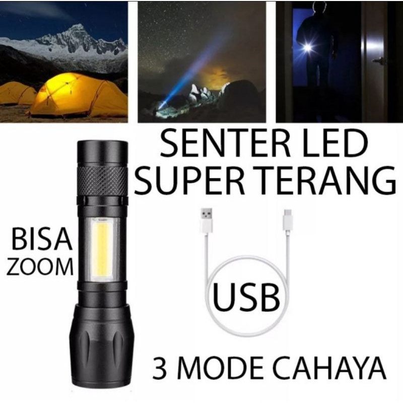 Senter Mini zoom LED XPE + COB  USB Charge Senter Led Super Terang