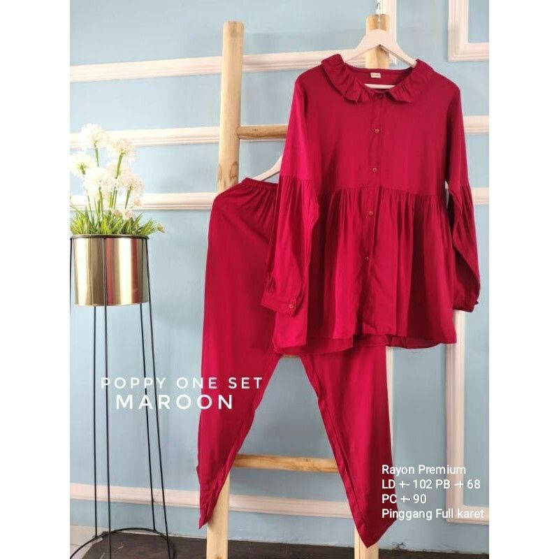 ONE SET POLOS I SETELAN PIYAMA AMANDA-Maroon