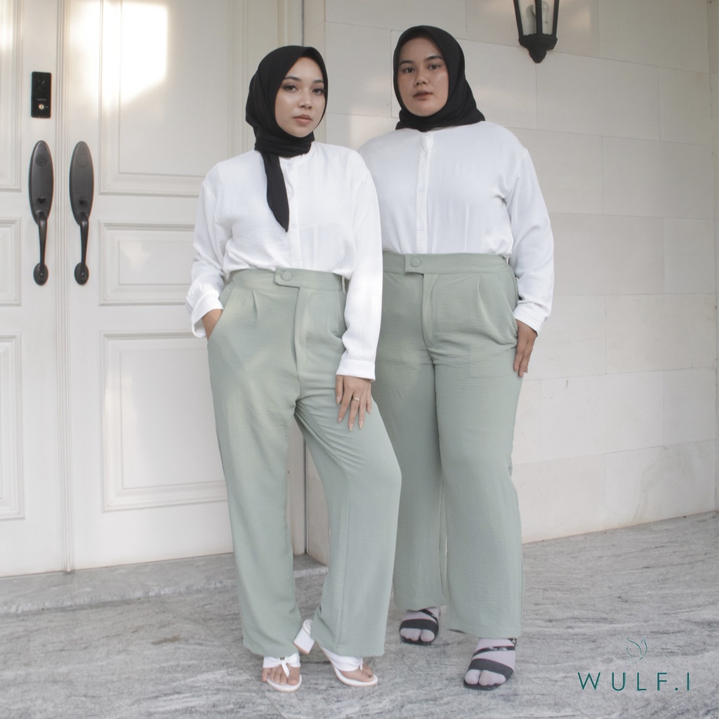 Wulfi Celana Crinkle Pants Sage Green / Celana Highwaist Hijau Sage / Kerja Kantor / Bawahan Jumbo