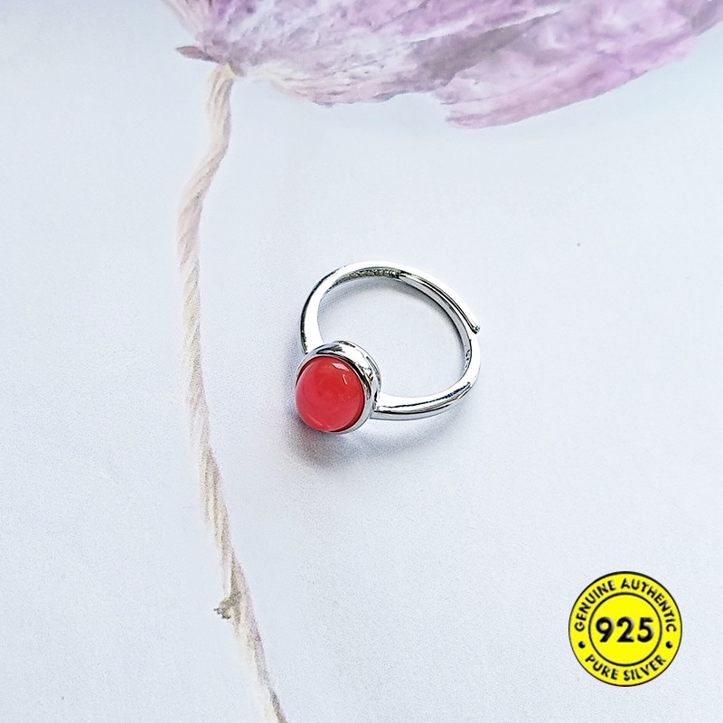 Cincin Sterling Silver 925 Model Terbuka Adjustable Dengan Giok Merah / Putih Untuk Wanita