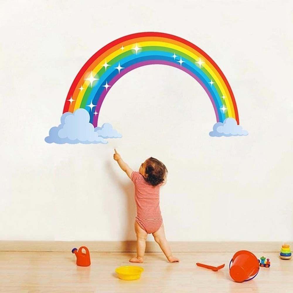 【 ELEGANT 】 Wall Sticker Besar 70*43cm Glitter Removable Motif Pelangi Warna Warni Dekorasi Rumah