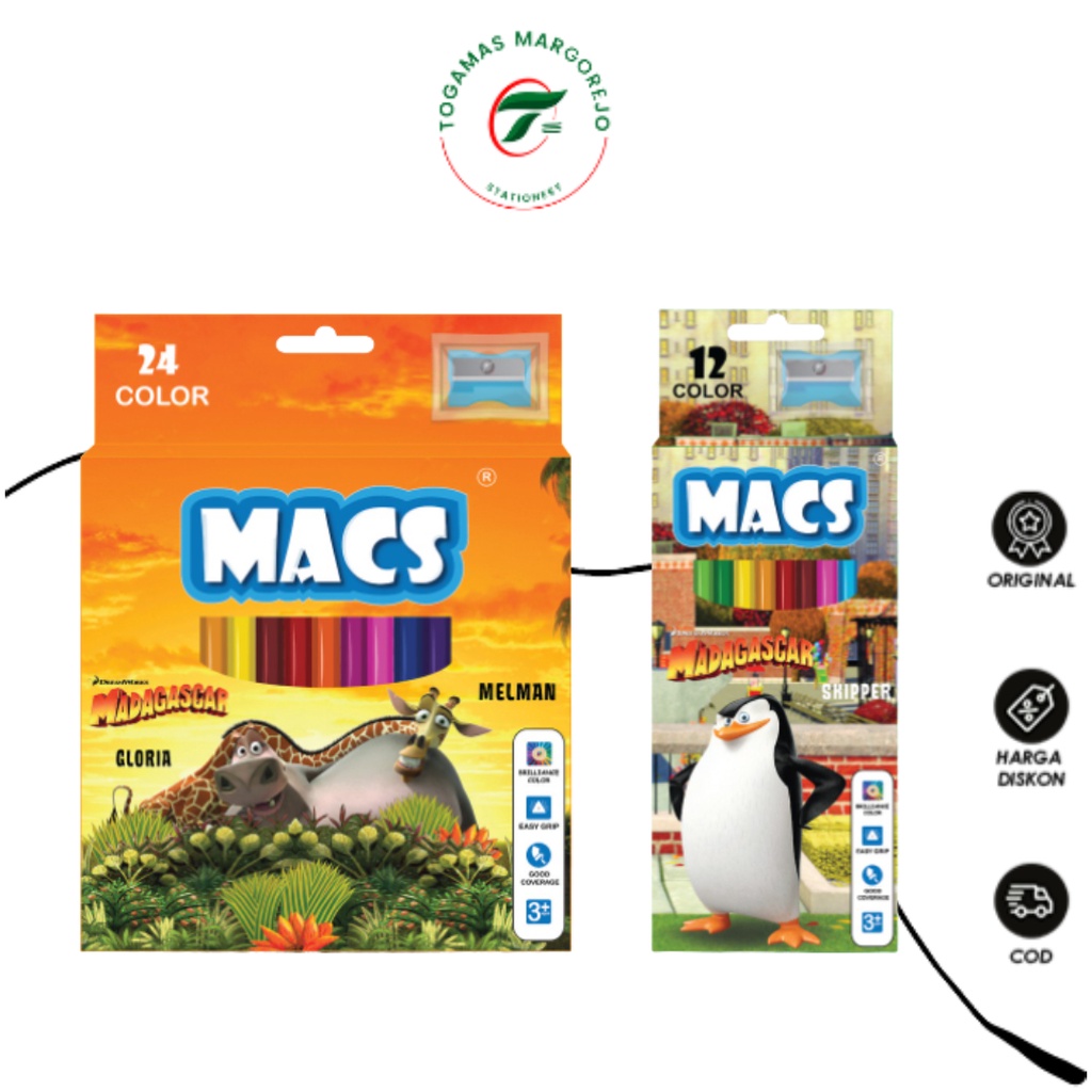 

READY !! PENSIL WARNA 12 & 24 COLOUR MADAGASKAR PER PACK MACS + SHARPENER