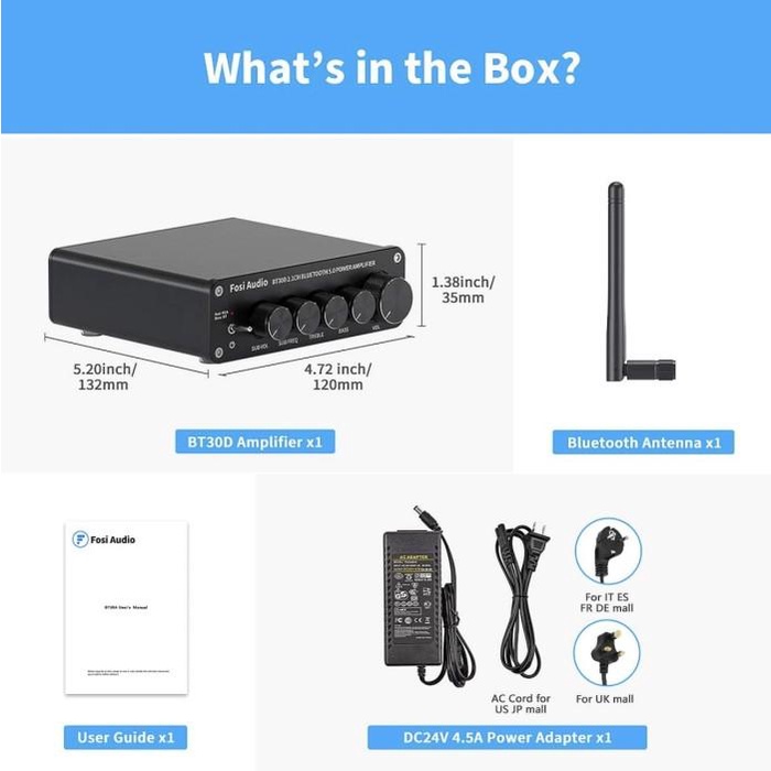 Fosi Audio Bluetooth 5.0 Amplifier 2.1 Bass Treble Control BT30D