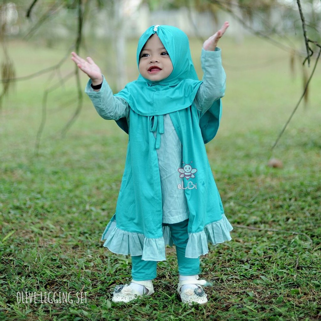 Setelan Baju Muslim Anak Perempuan - Pakian Muslim Anak Perempuan - Baju Kaos Anak Perempuan - Olive