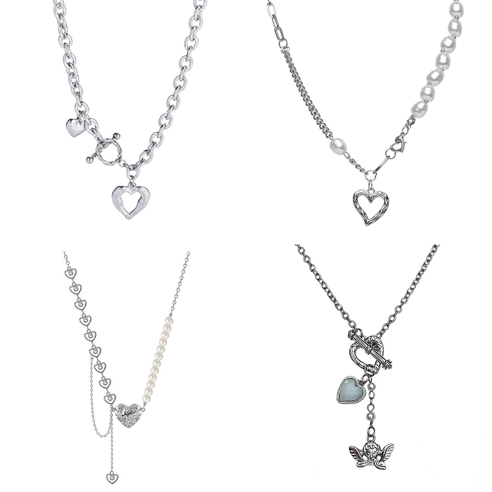 Angel Pearl Necklace Elegant Korean Style Heart Shape Chain Silver Pendant Women Fashion Accessories