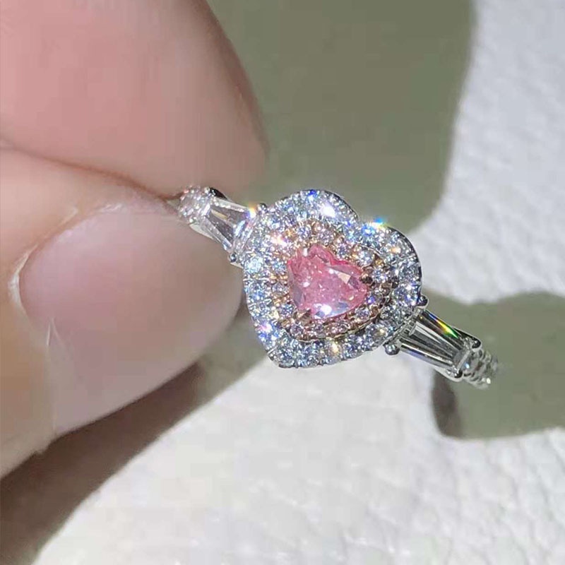 Cincin Adjustable Desain Hati Bahan Stainless Steel 925 Hias Zircon Warna Pink Untuk Wanita