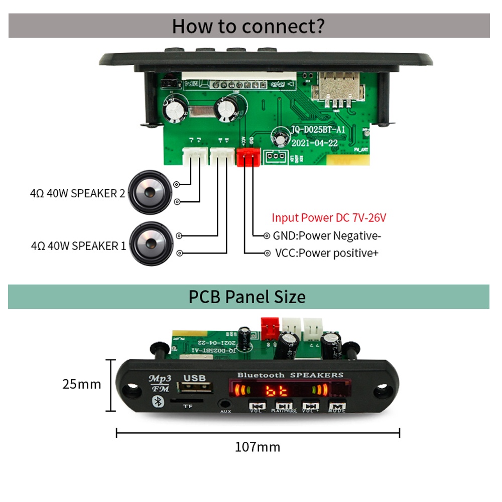 2x40W Bluetooth MP3 Player Kit USB TFT FM Radio Stereo D025BT