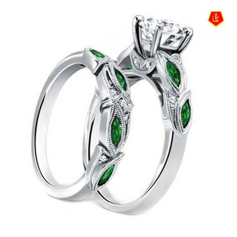 [Ready Stock]Creative Diamond Green Crystal Leaves Ring Set Female