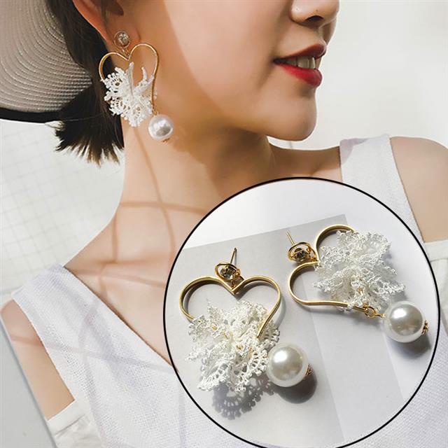 Korea elegan jantung renda Pearl crystal anting-anting Korea fashionmonger panjang rumbai anting-ant