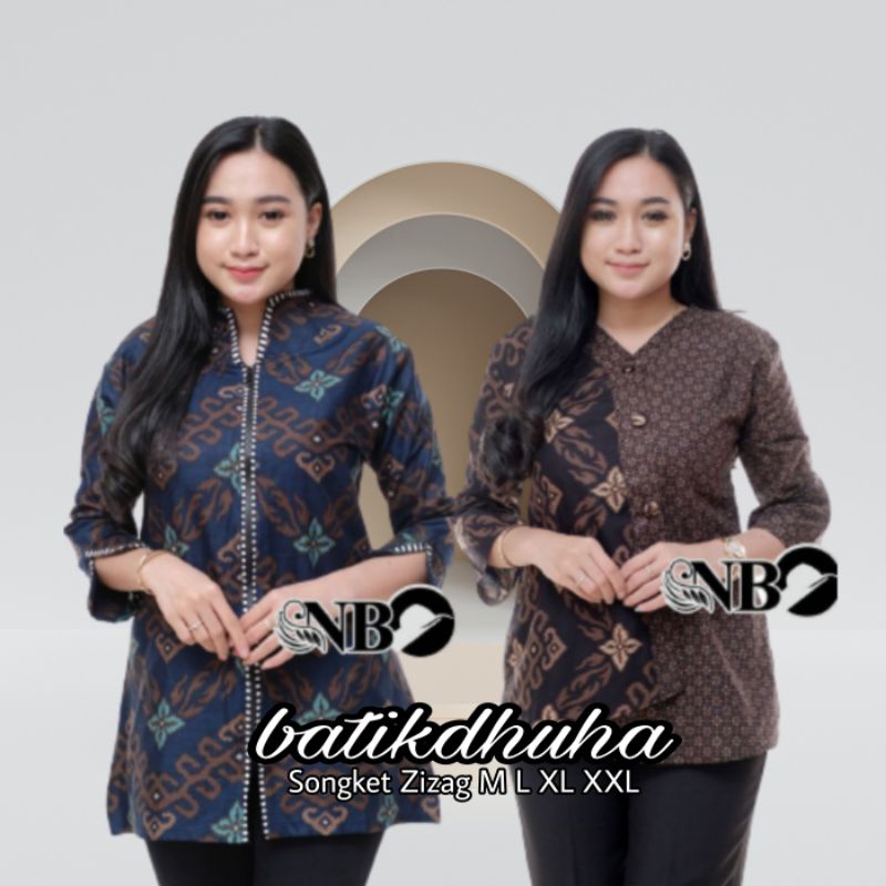 BLOUSE BLUS BATIK WANITA LENGAN PANJANG MOTIF SONGKET ZIG ZAG M L XL XXL