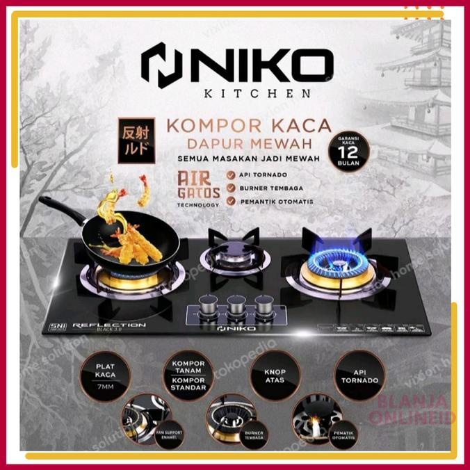 Jual Kompor Gas Tanam Niko 3 Tungku Kompor Kaca Niko Reflection Black 3