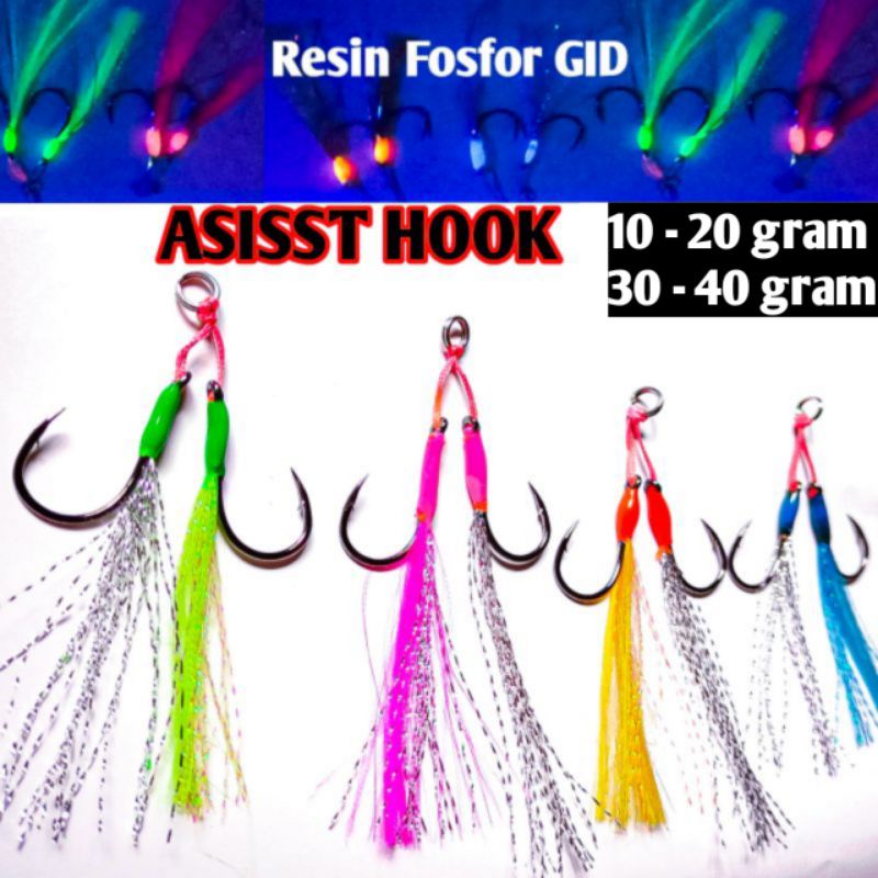 Assist hook Microjig 10g/15g/20g/30g/40g/60g/80gram fosfor GID Resin/ Double asist hok kail pancingmetal jig asisst hook line kiler uv kevlar solid/split ring kail metaljig