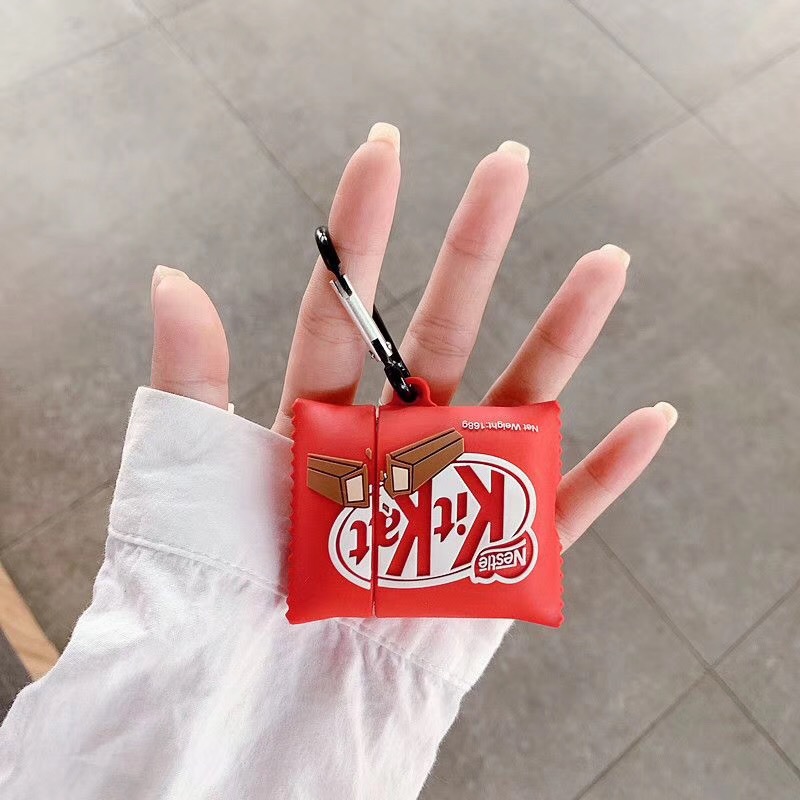 Creative Fun Cartoon Cute KitKat Red Chocolate Design Soft Silicone Earphone Case for Apple AirPods Pro for Airpods 3 for AirPods 2 1 for inpods 12 i7 i9 i10 i11 i12 Anti-fall Protection Wireless Bluetooth Headset Cover for Air Pods