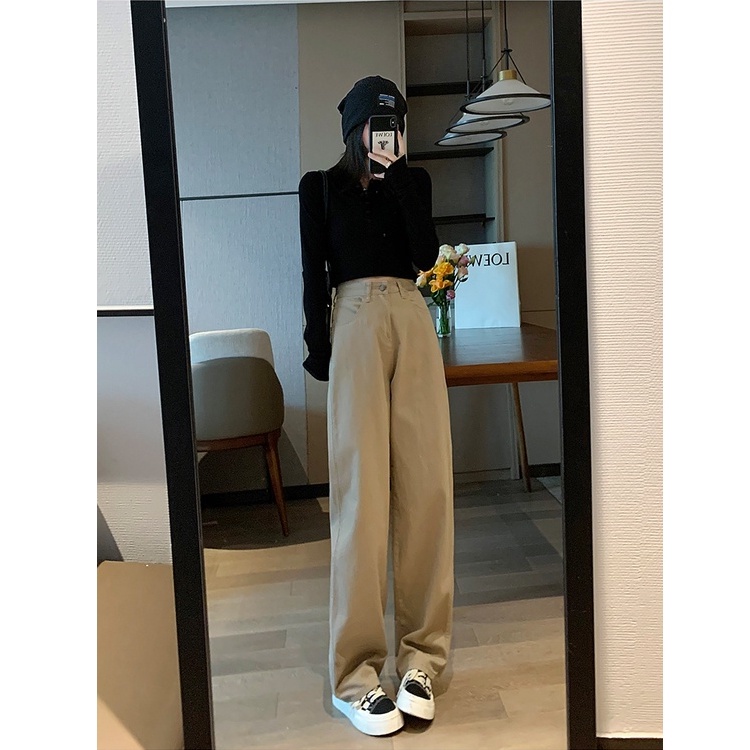 Import Korean Style Highwaist Loose Khaki Celana Jeans Panjang Wanita