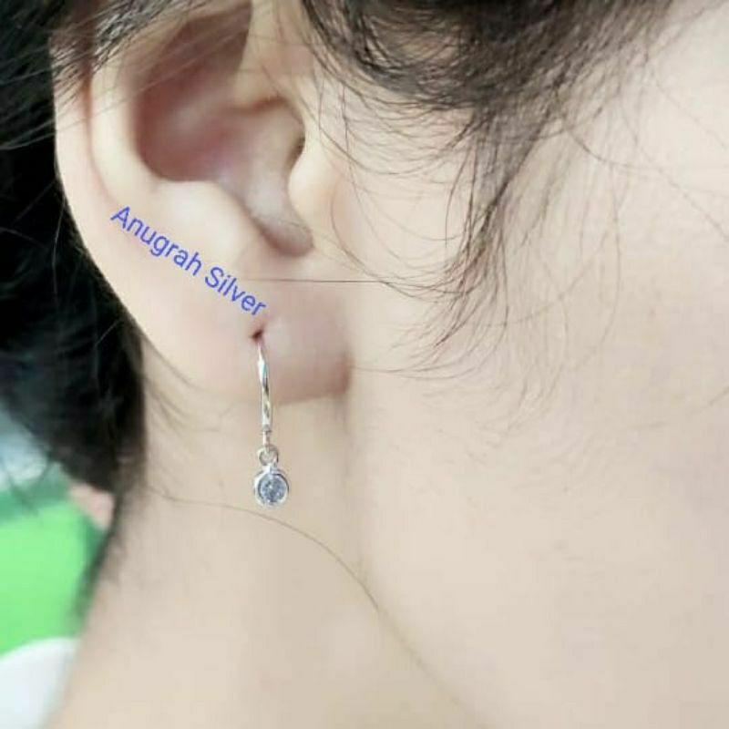 (COD)Anting kenip anak &amp; remaja gantung mata diamond putih perak asli 925/silver lapisan emas putih murni