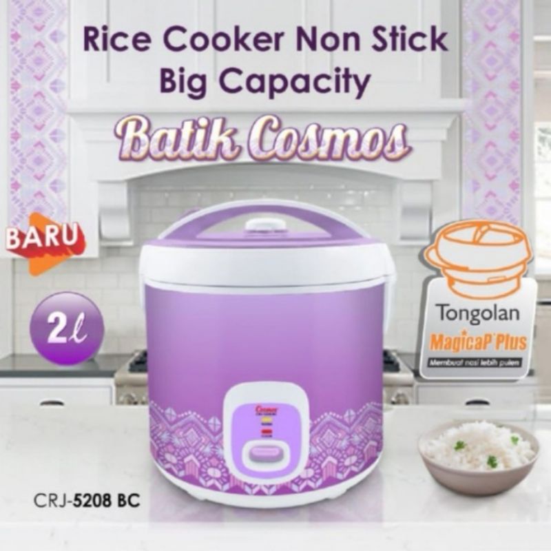 MAGIC COM RICE COOKER COSMOS CRJ 5208 BC 2 LITER UNGU BATIK PENANAK NASI ANTI LENGKET 3 IN 1 GARANSI