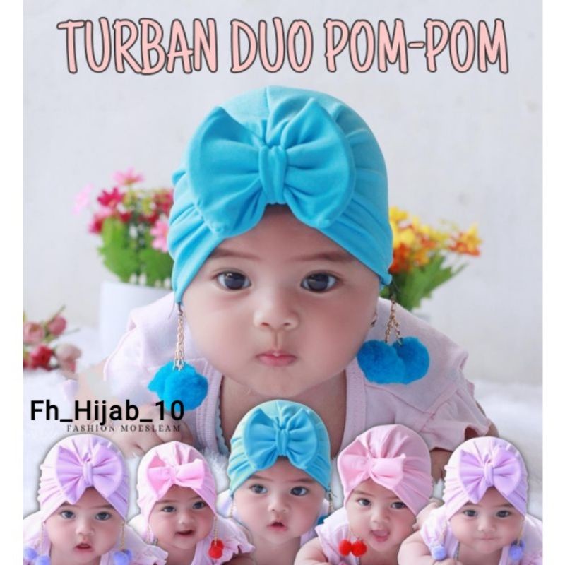 turban Duo  Double Pom Pom anak bayi perempuan Usia 0 - 3 Tahun | ciput baby new born 6 - 2 thn | bandana Baby Girl newborn import Premium lucu 1 - 5 Bulan