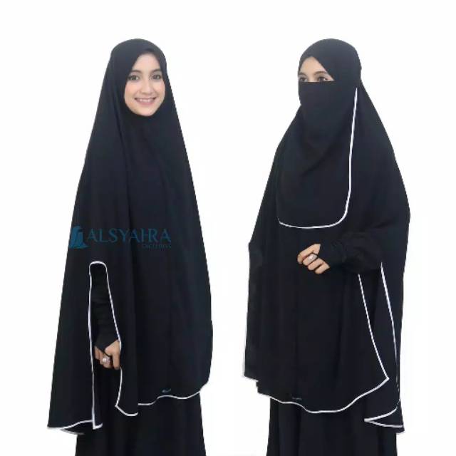 Alsyahra Set Khimar Syari Handsplit Non Pet Cadar Tali Bisban Jetblack Edition