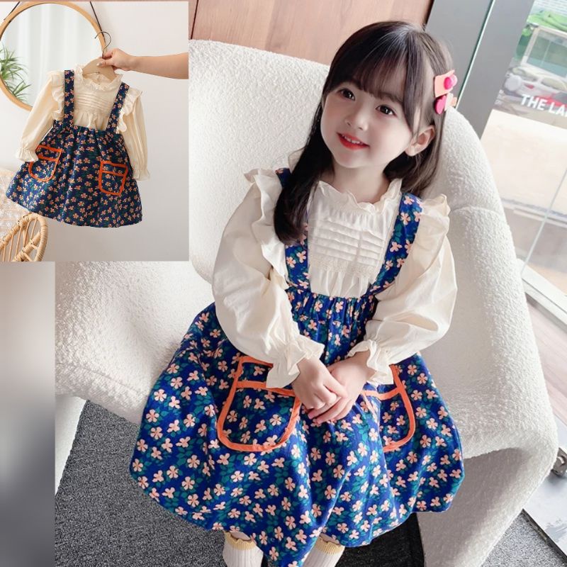 set kemeja overall dress fashion korea anak perempuan import premium cantik - set baju kemeja blouse