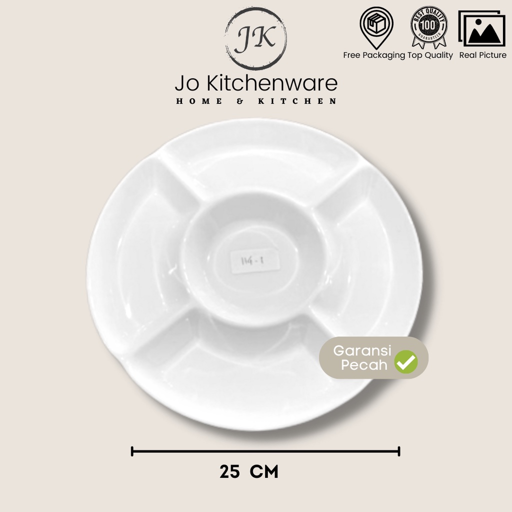 Piring saji keramik sekat 5 diameter 25cm putih tebal 114-2