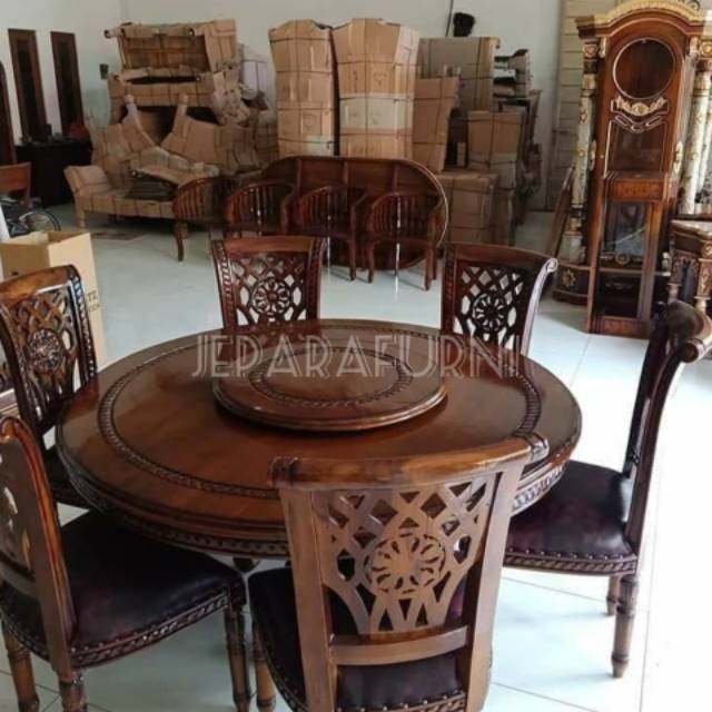 MEJA MAKAN BUNDAR 6 KURSI KAYU JATI JEPARA I MEJA SAMBAL