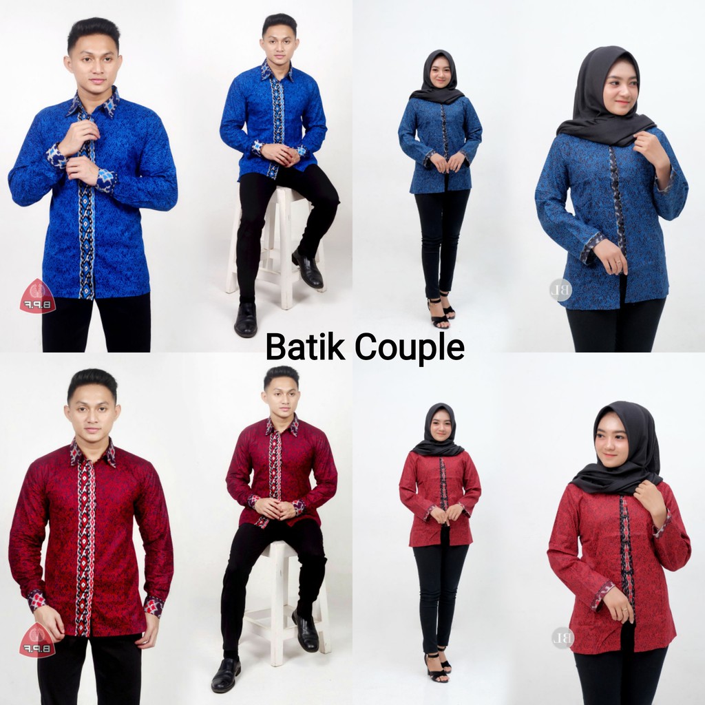 RUZZA Batik Couple Motif Mega Mendung Merah Biru Batik Seragam Keluarga Navy Marun Size M L XL