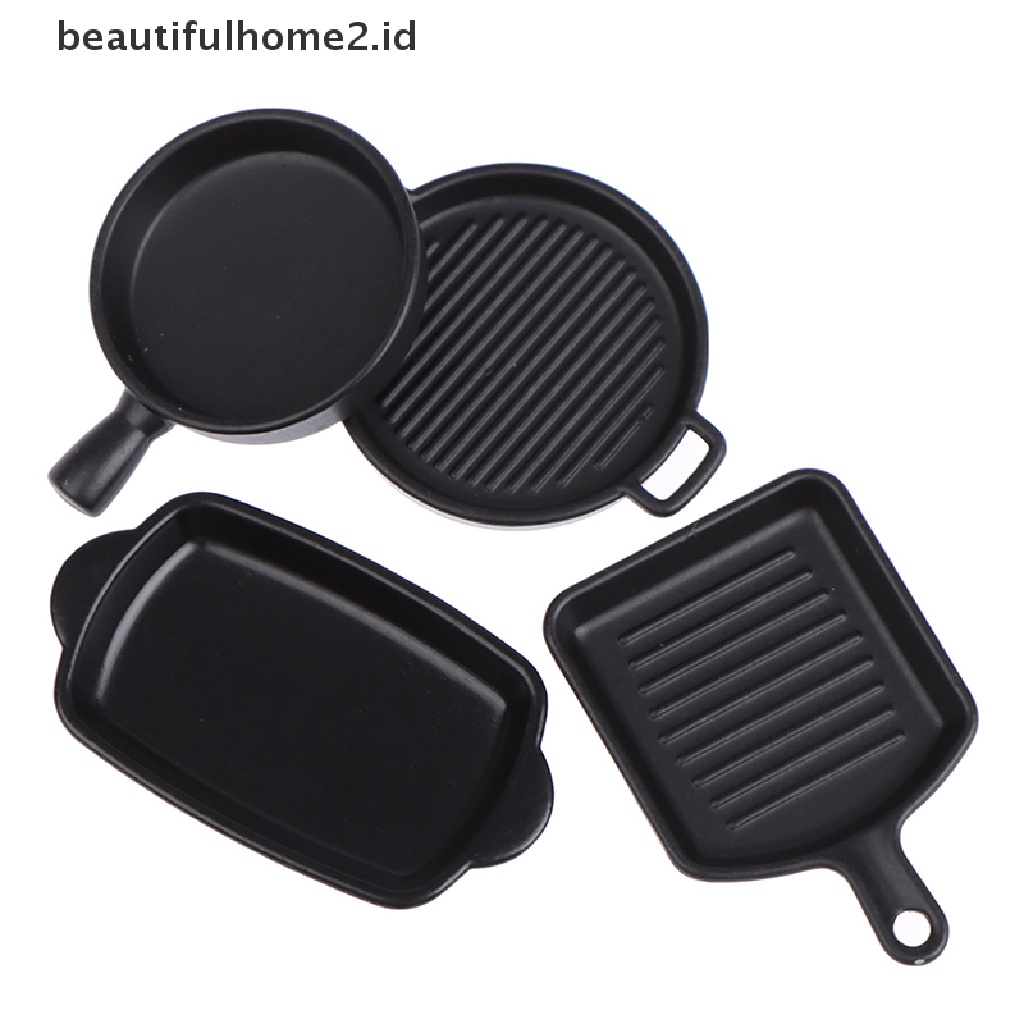 (Beautifulhome2.Id) 1 Set (4Pcs) Miniatur Piring Makan Warna Hitam Skala 1: 12 Untuk Rumah Boneka