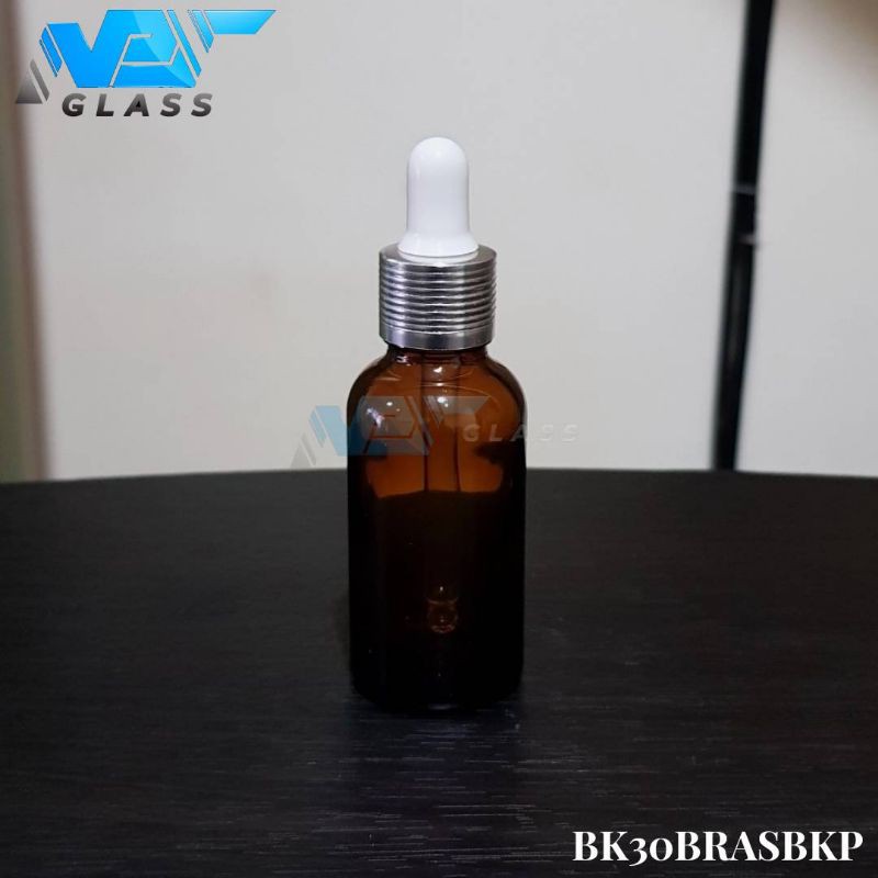 botol kaca pipet 30ml amber / coklat tebal - ring almunium silver bergaris