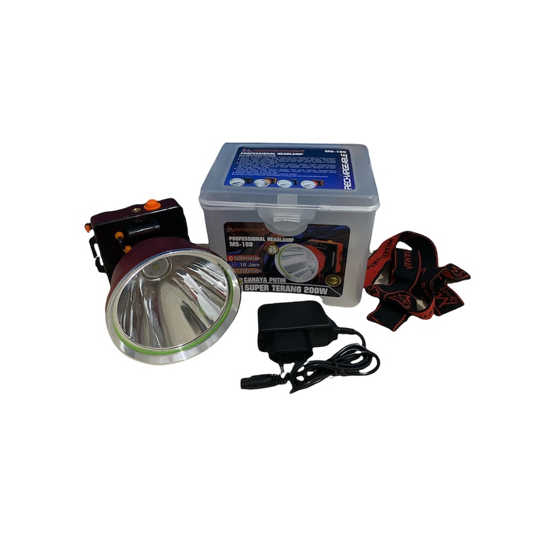 Mitsuyama Senter Kepala LED Super Terang Lithium MS 180 LAMPU PUTIH 200 Watt Super LED Rechargeable FREE Cable Bundle 16 JAM