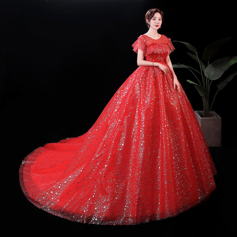 154 Red Bling BLing Short Sleeve Long Tail Women Bridal Wedding Gown Dress