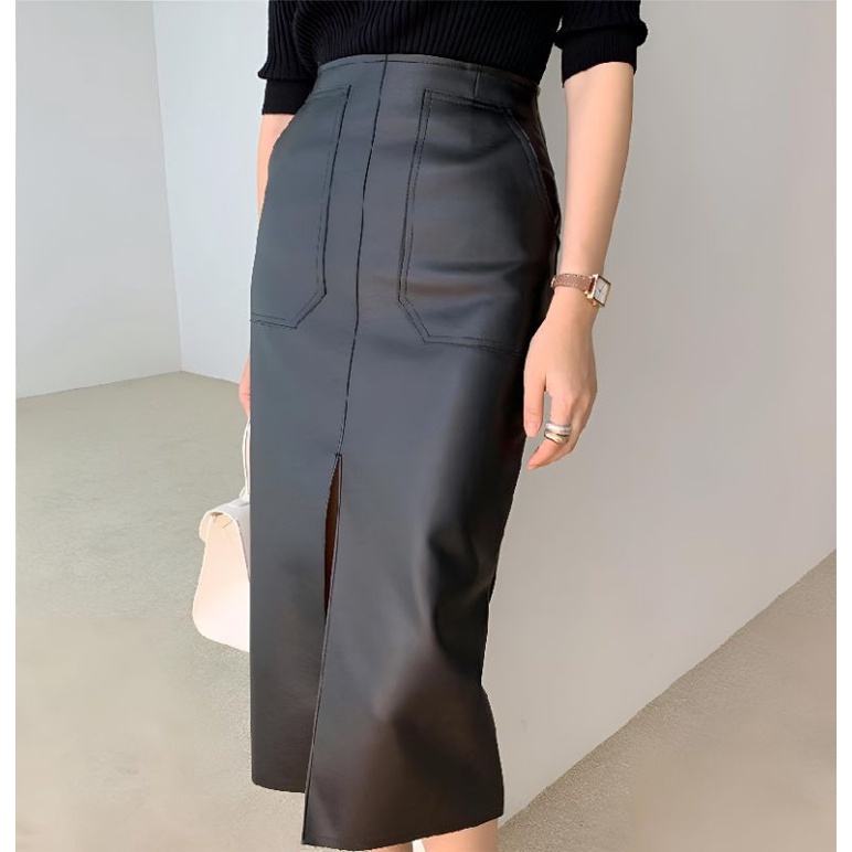 Rok Pensil Ritsleting Rok Midi Dengan Gaya Saku dan Belahan Tampak Depan Warna Hitam By Tailor Labs