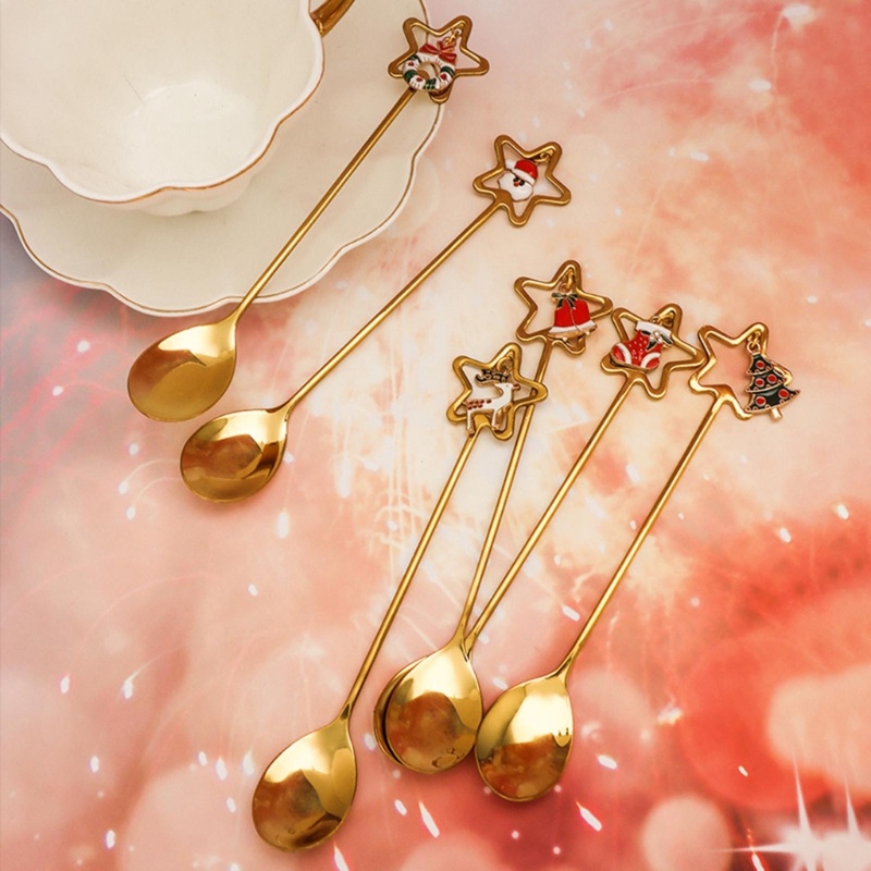 Zzz 4pcs / set Sendok Aduk Bahan Stainless Steel Tema Natal Dengan Kotak Hadiah