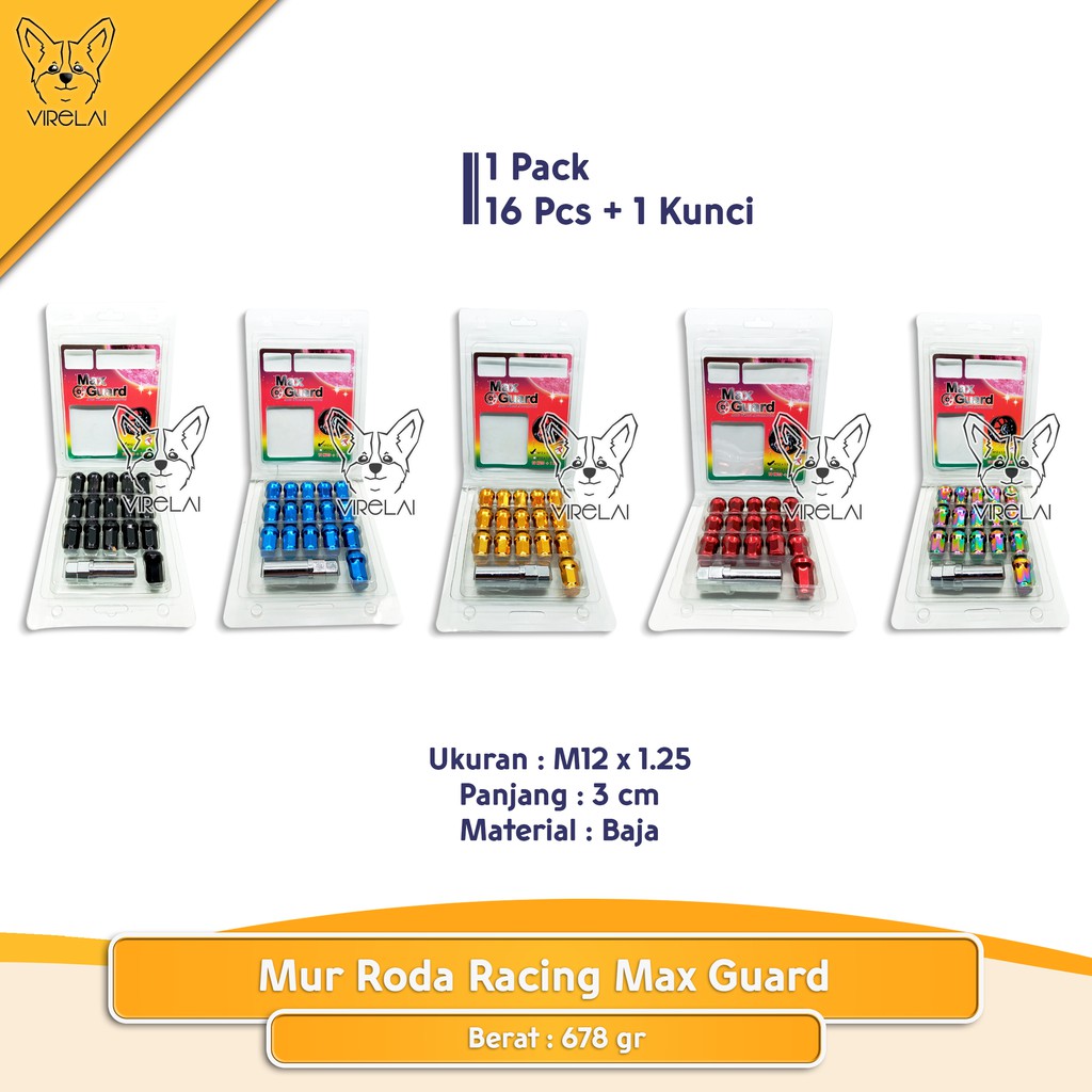 Mur roda racing MAX GUARD warna ukuran 12 x 1.5 /1.25 [Merah Kuning Hitam Biru Pelangi] 16 + 1 Pcs Kunci