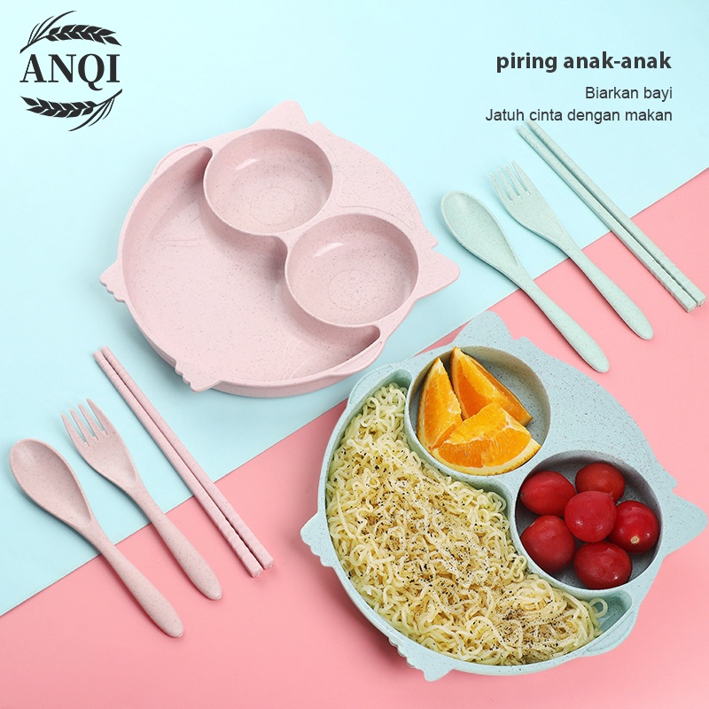 ANQI 1888 Piring makan set anak Piring makan wheat 4 in 1 lucu anak VS