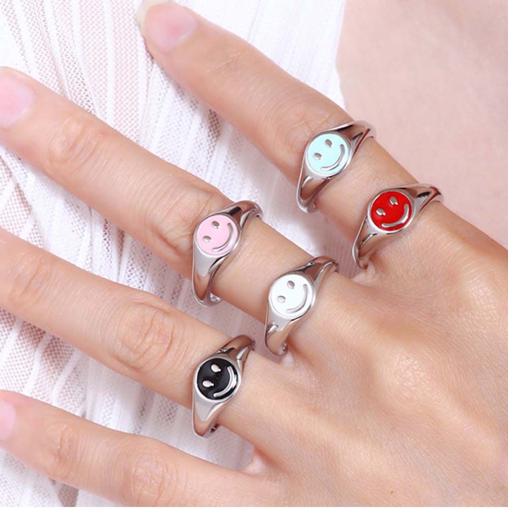 Needway  Simple Open Rings Cute Fashion Jewelry Finger Ring Dripping Oil Women Candy Color Funny Temperament Girls Smiley Face/Multicolor