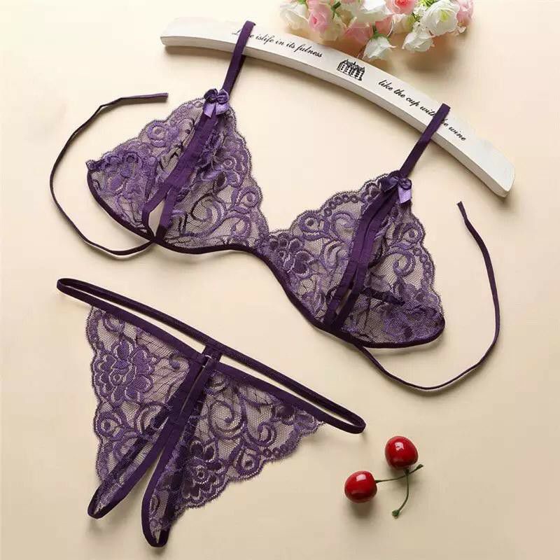 LINGERIE BIKINI KOREA - SET BRA G STRING - BAHAN LACE SEXY - PAKAIAN DALAM-UNGU