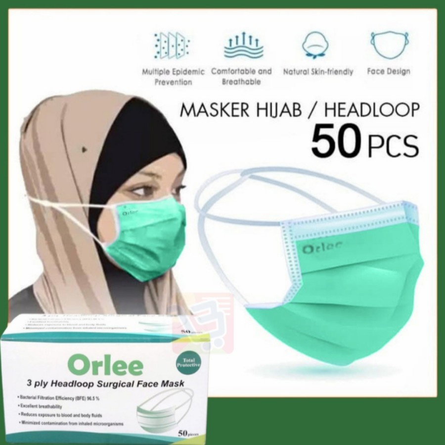 Masker 3ply Orlee Surgical Hijau Green Medis Hijab Headloop Kemenkes
