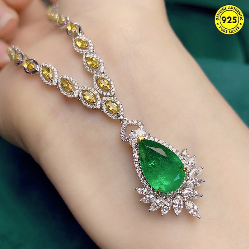 Set Kalung Rantai Dengan Liontin Batu Permata Emerald Kristal Untuk Wanita